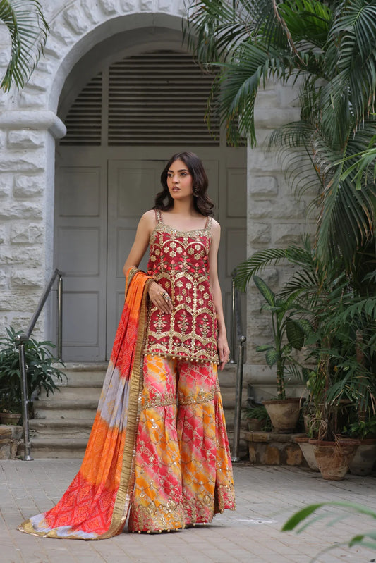 Maroon Silk Gharara Ensemble