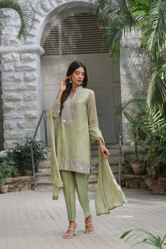 Graceful Apple Green Khaddi Net Set