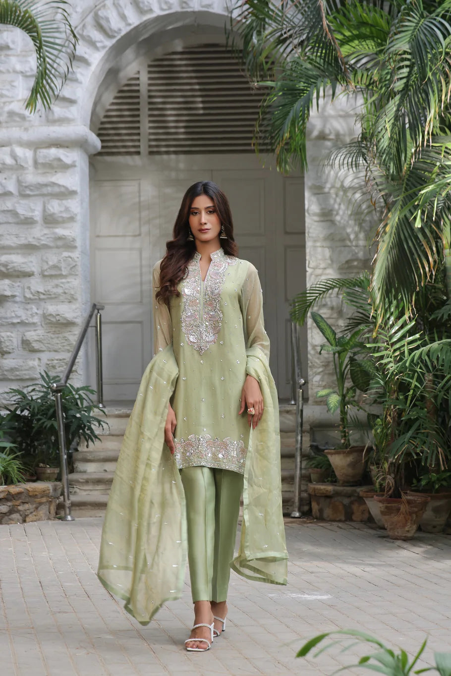 Graceful Apple Green Khaddi Net Set