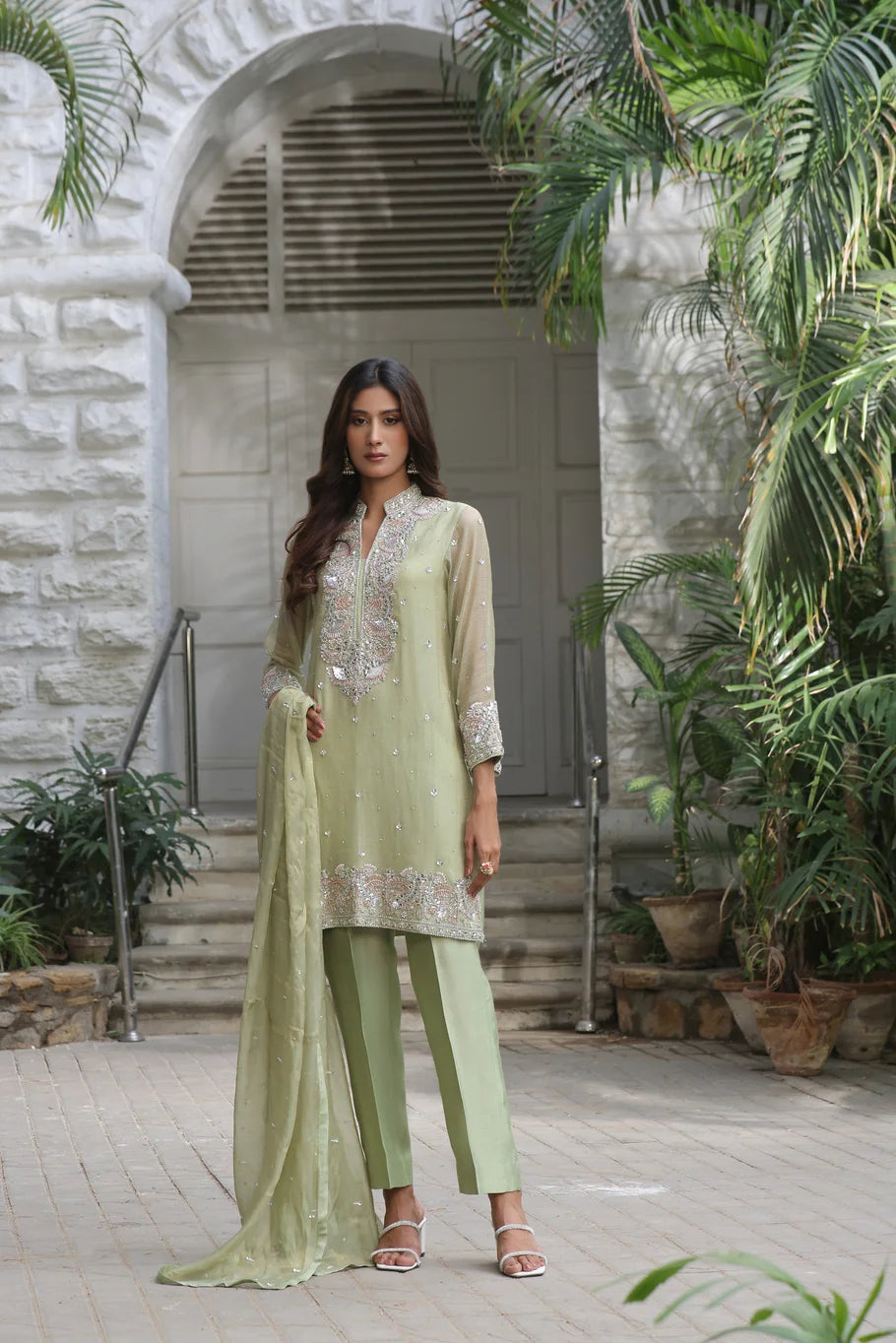 Graceful Apple Green Khaddi Net Set