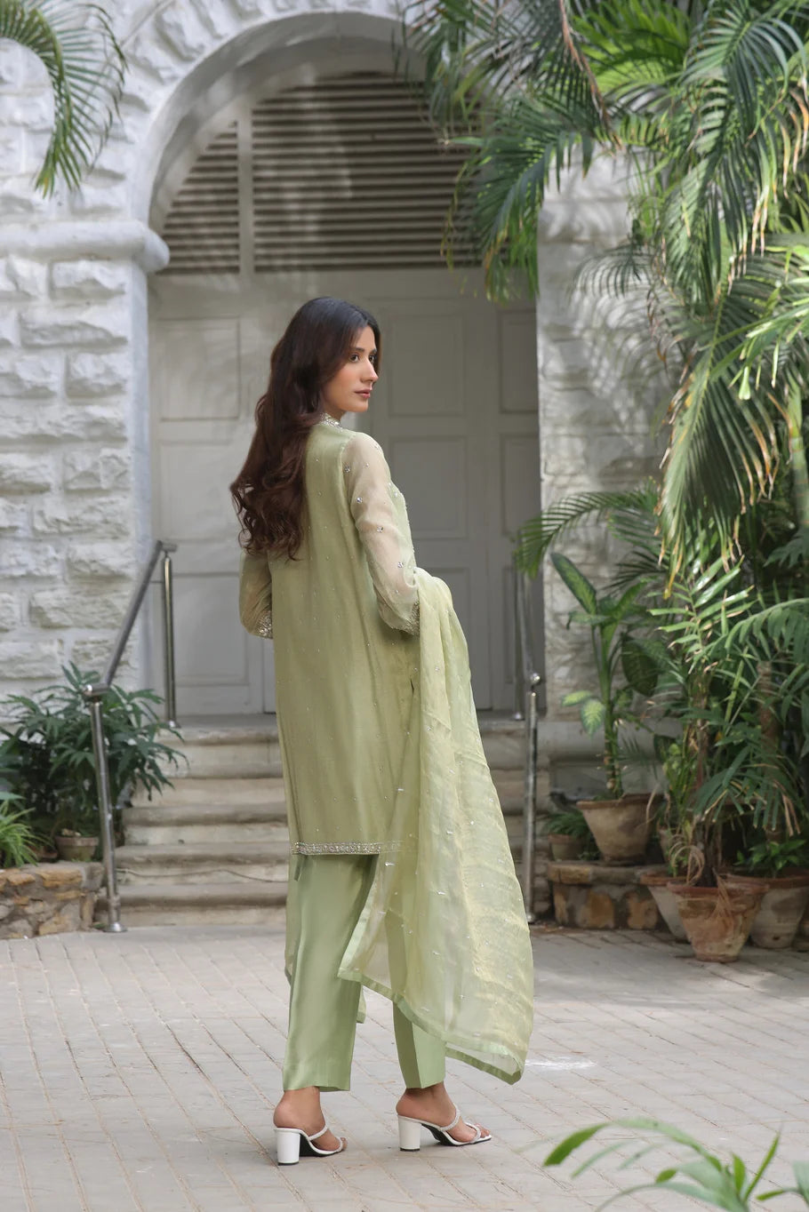 Graceful Apple Green Khaddi Net Set