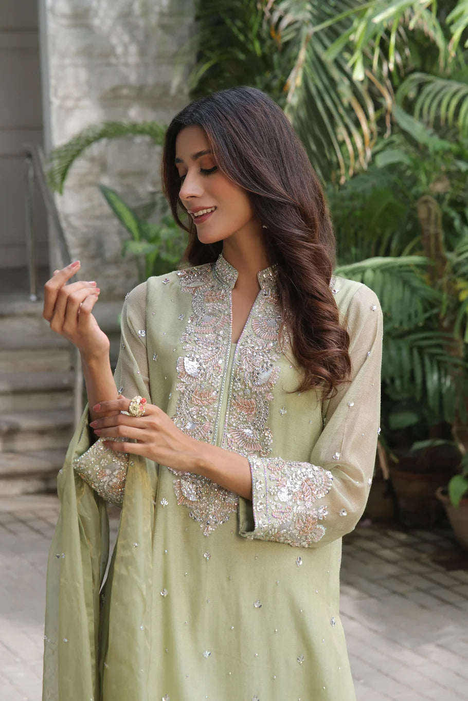 Graceful Apple Green Khaddi Net Set