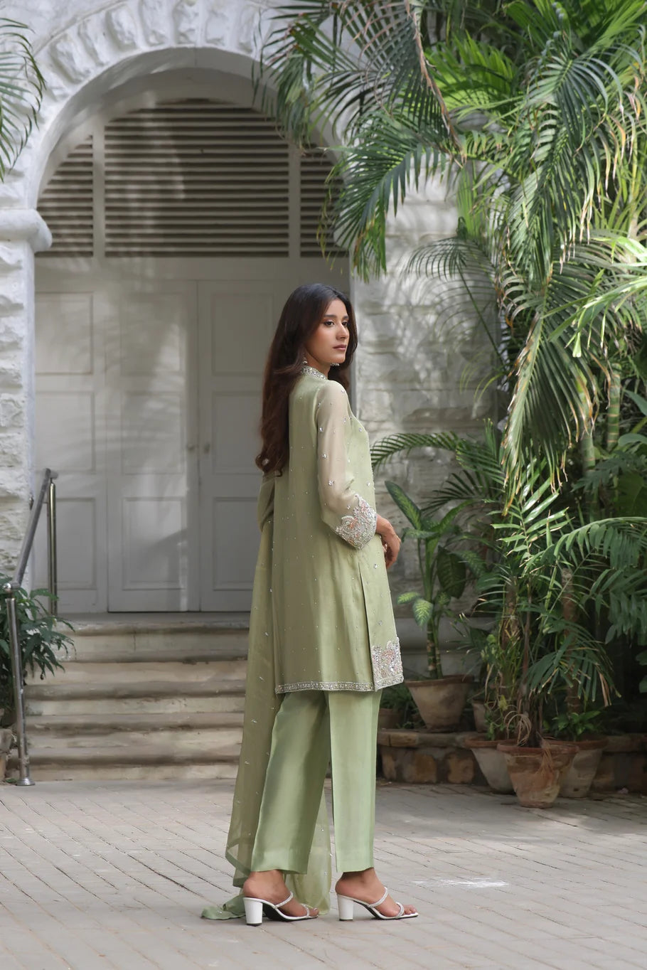 Graceful Apple Green Khaddi Net Set