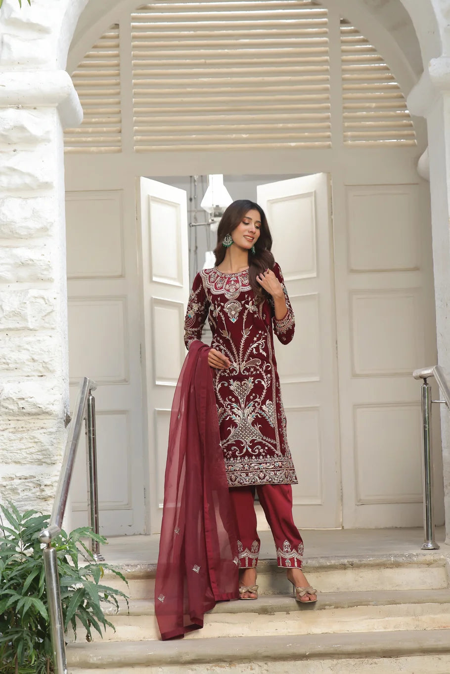 Maroon Velvet Embroidered Ensemble