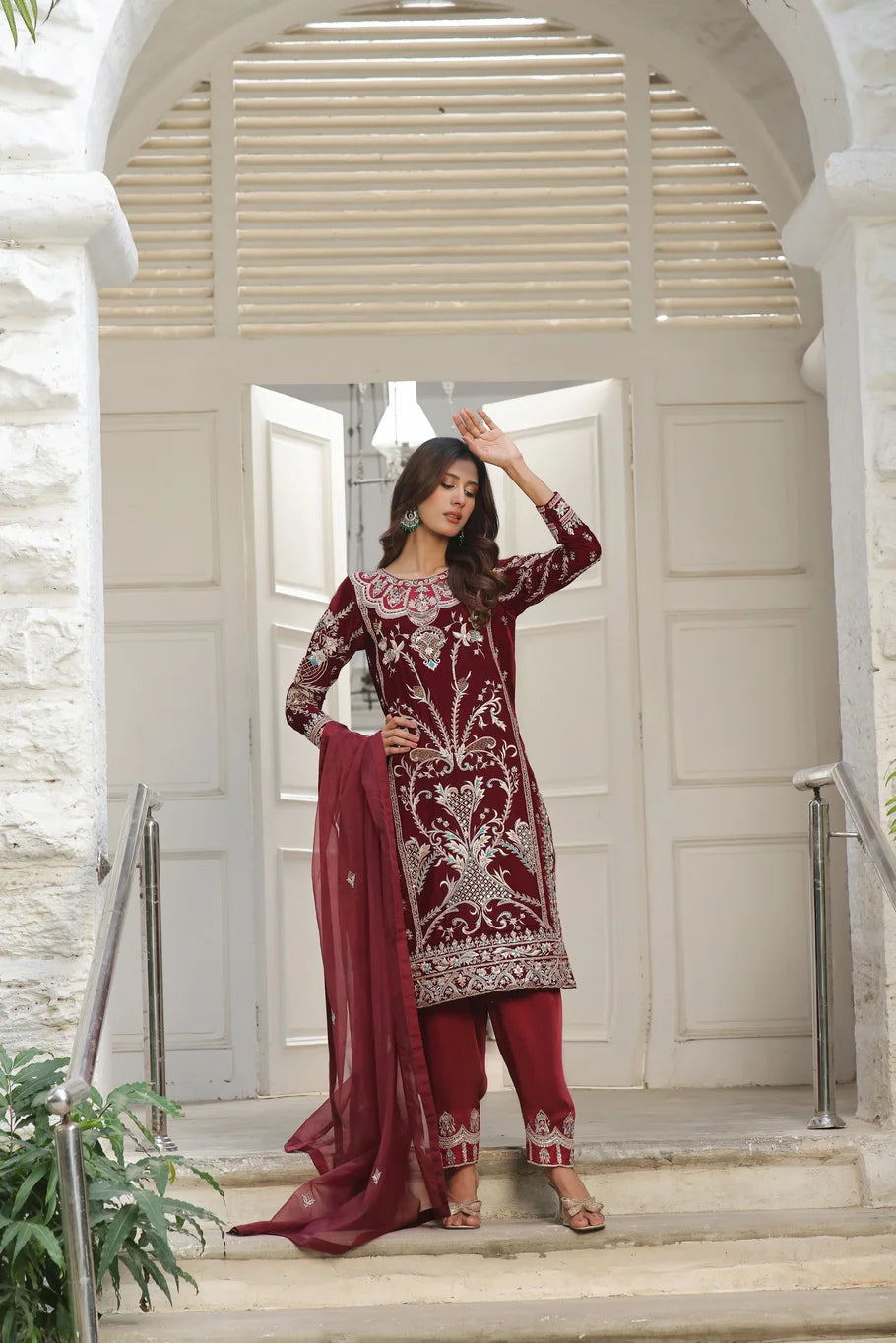 Maroon Velvet Embroidered Ensemble