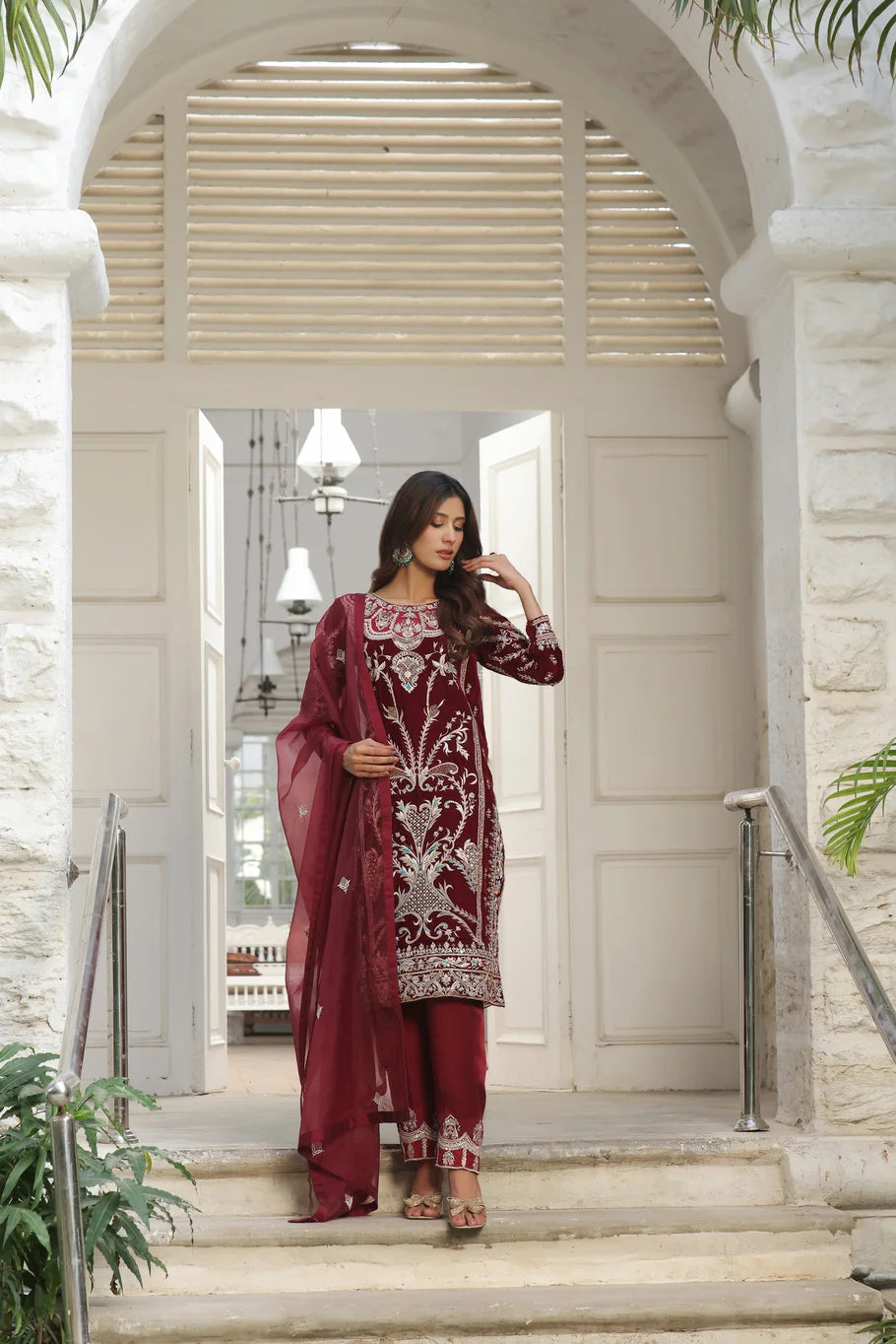 Maroon Velvet Embroidered Ensemble