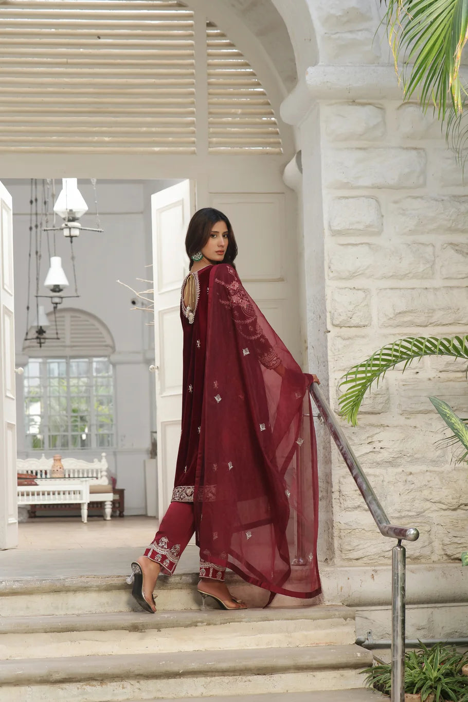 Maroon Velvet Embroidered Ensemble