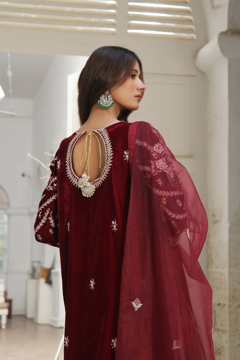 Maroon Velvet Embroidered Ensemble