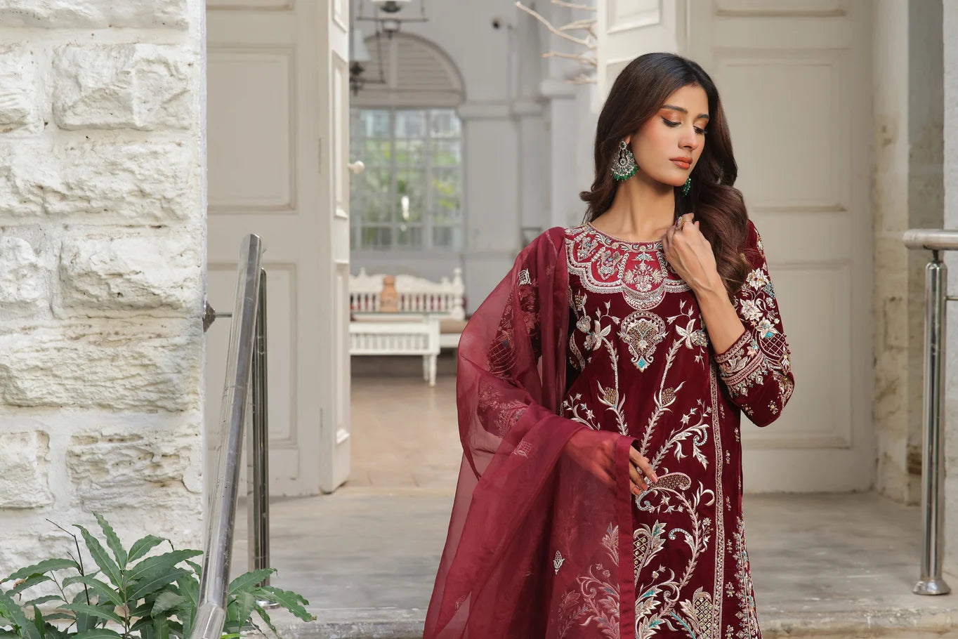 Maroon Velvet Embroidered Ensemble