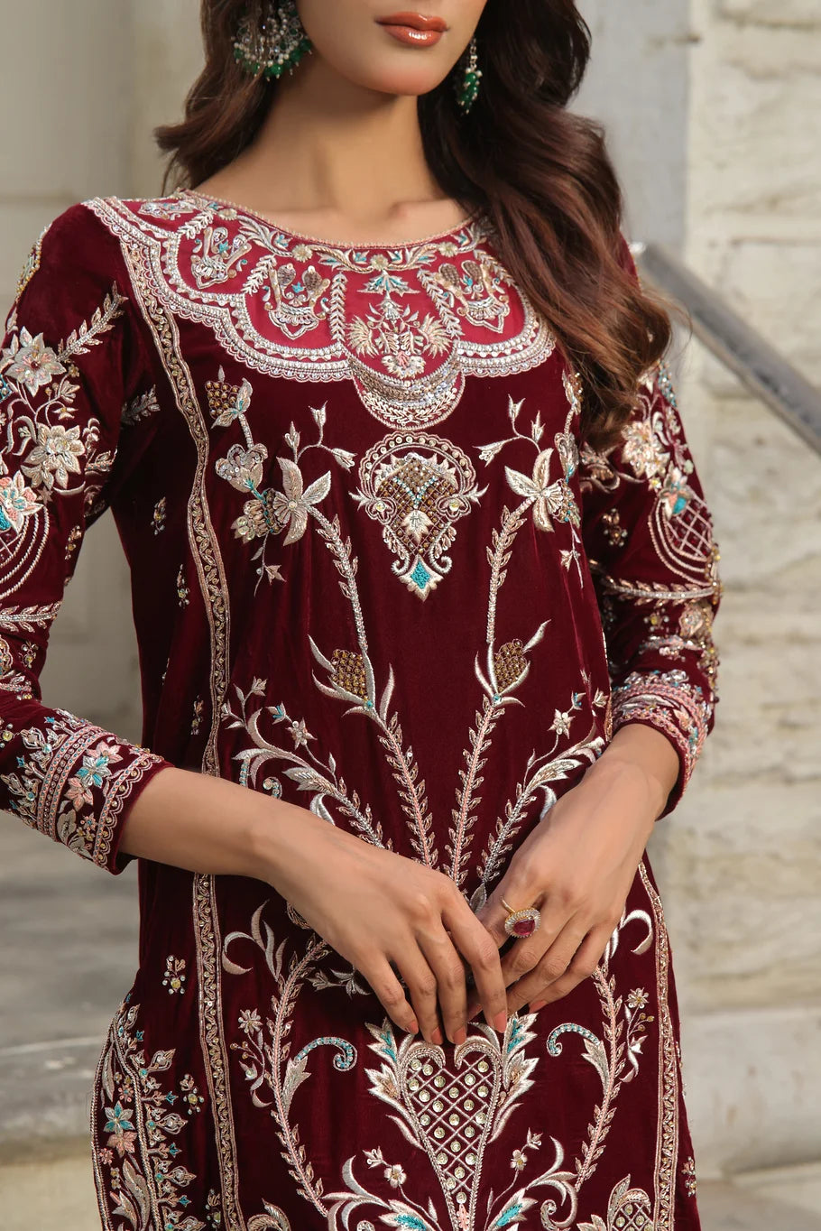 Maroon Velvet Embroidered Ensemble