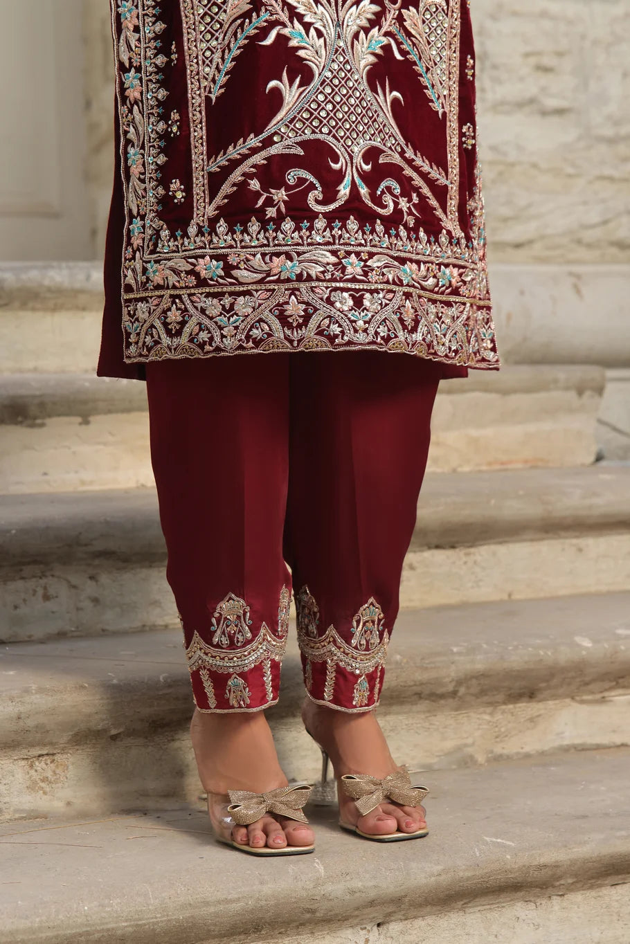 Maroon Velvet Embroidered Ensemble