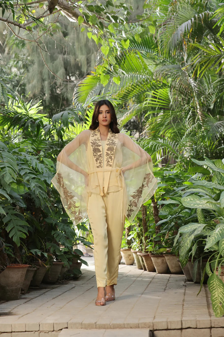 Embroidered Yellow Organza Blouse Set