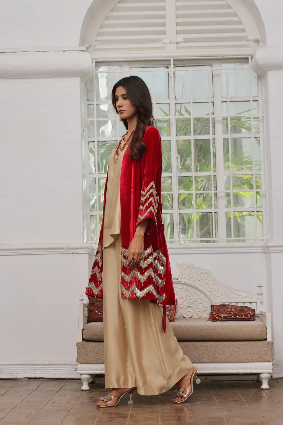 Red Velvet & Beige Silk Ensemble