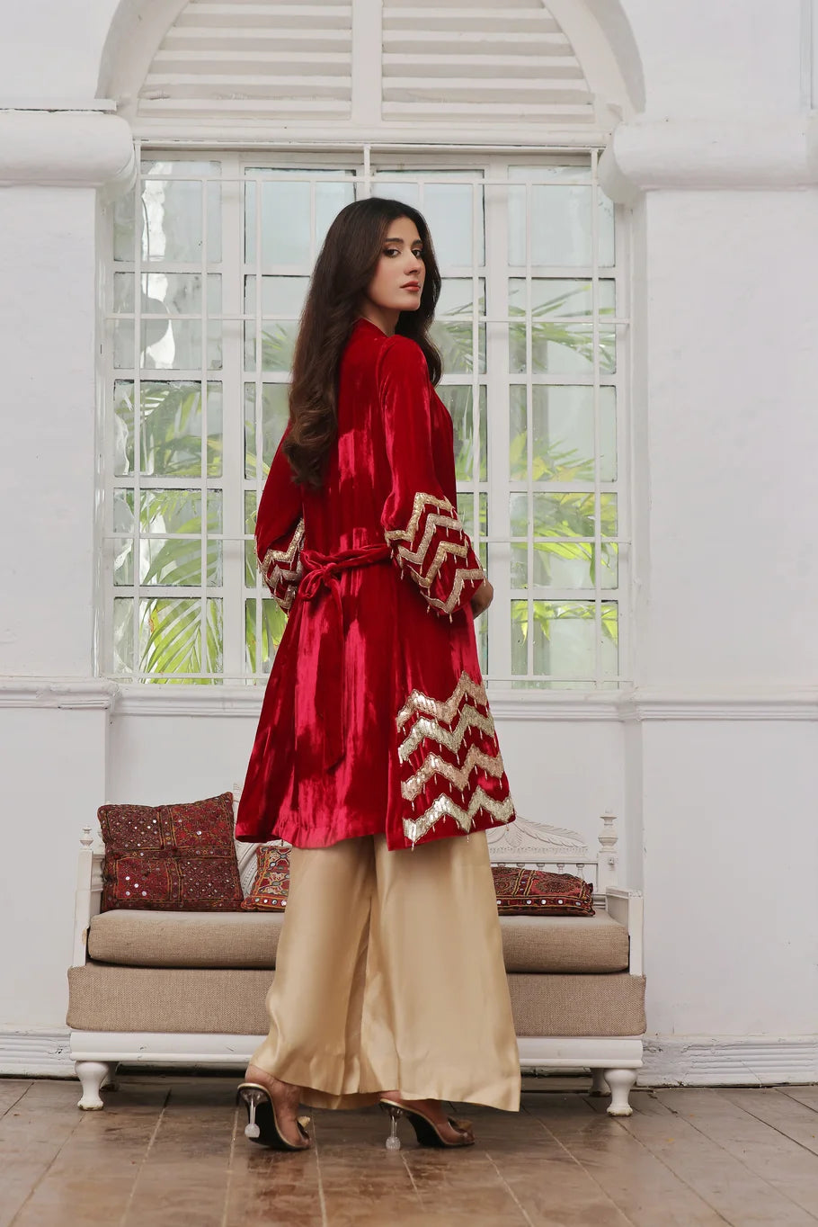 Red Velvet & Beige Silk Ensemble