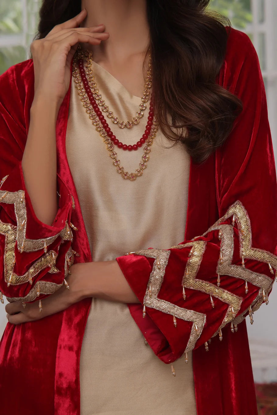 Red Velvet & Beige Silk Ensemble