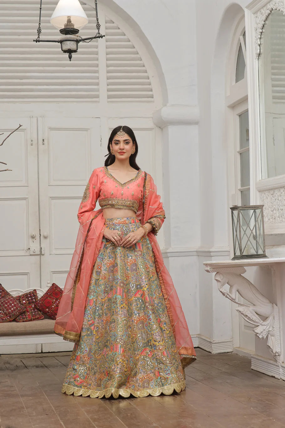 Coral Pink Raw Silk Lehenga Choli