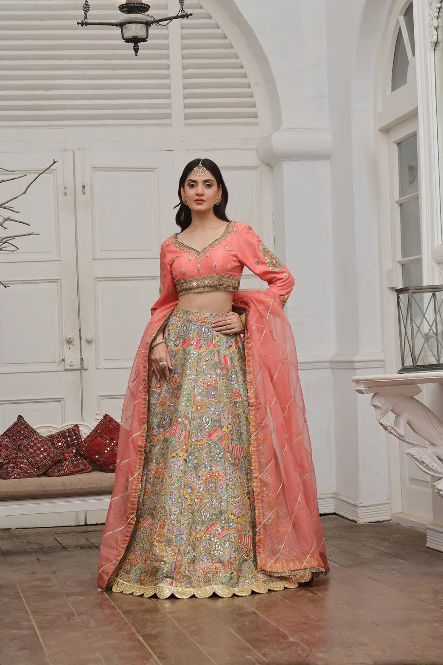 Coral Pink Raw Silk Lehenga Choli