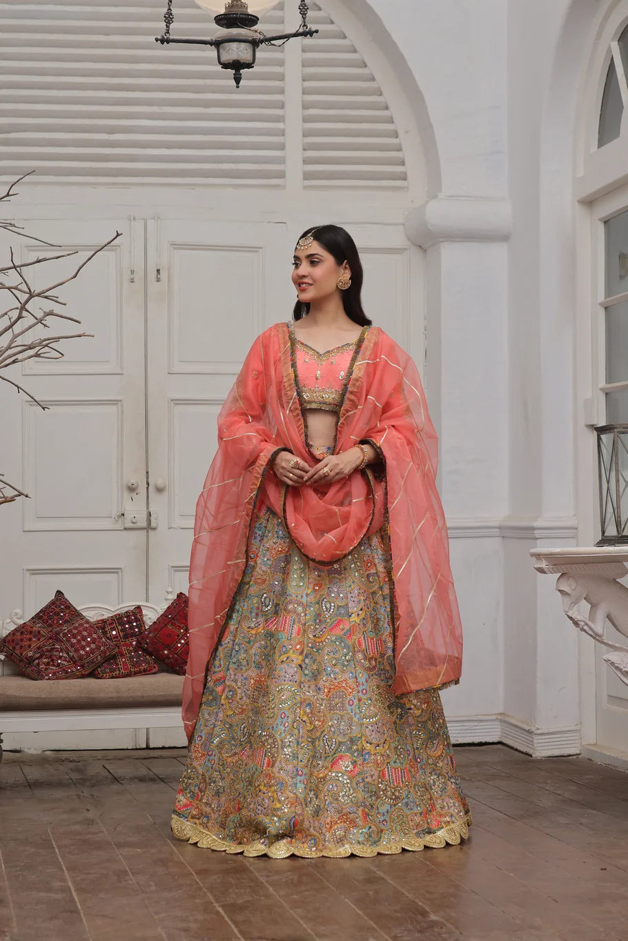 Coral Pink Raw Silk Lehenga Choli