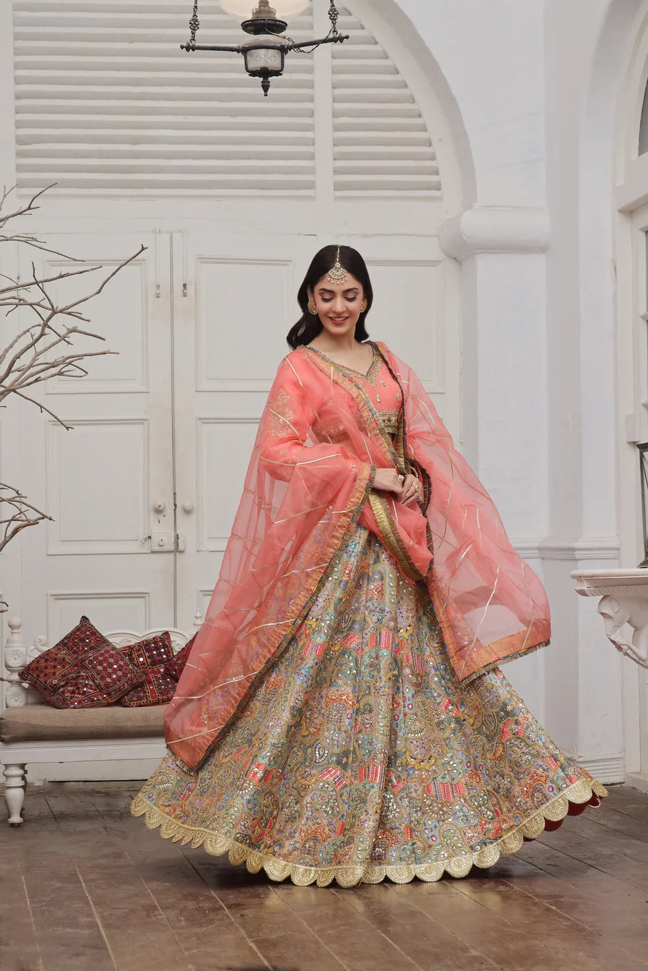 Coral Pink Raw Silk Lehenga Choli