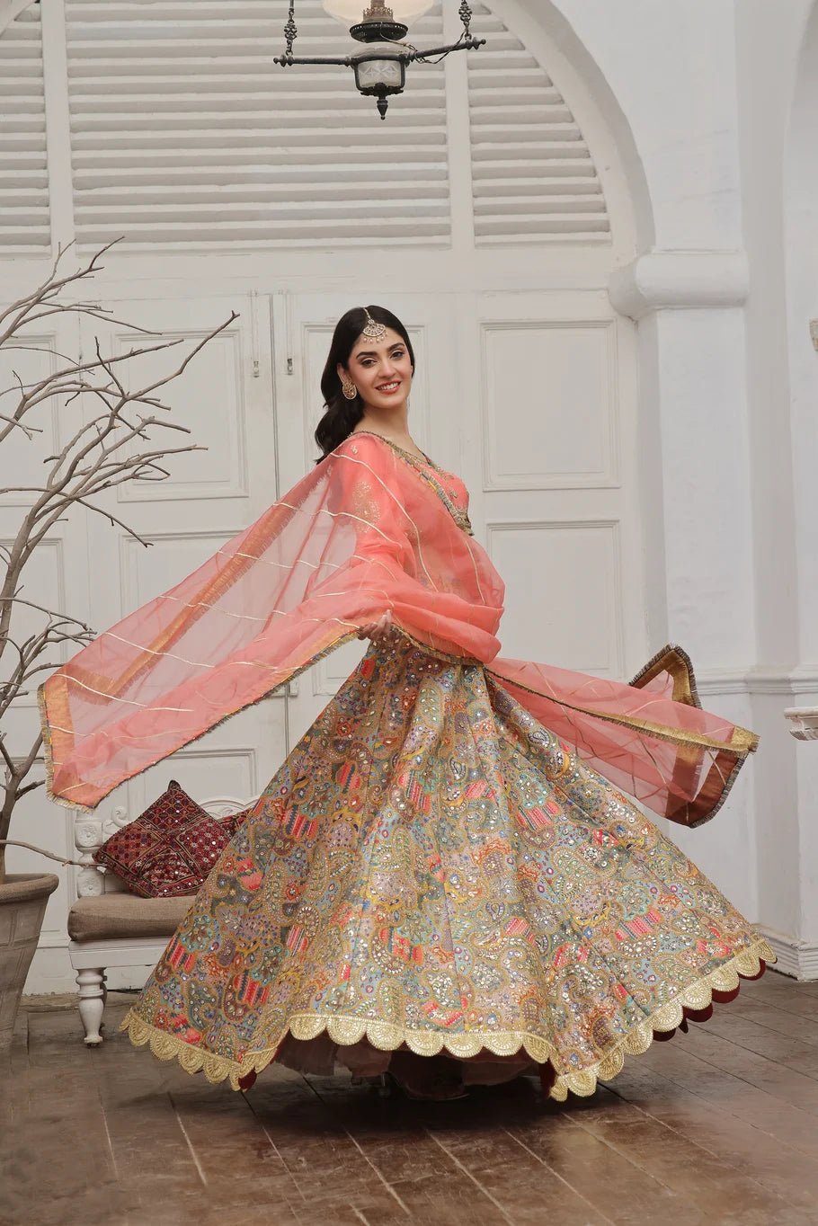 Coral Pink Raw Silk Lehenga Choli