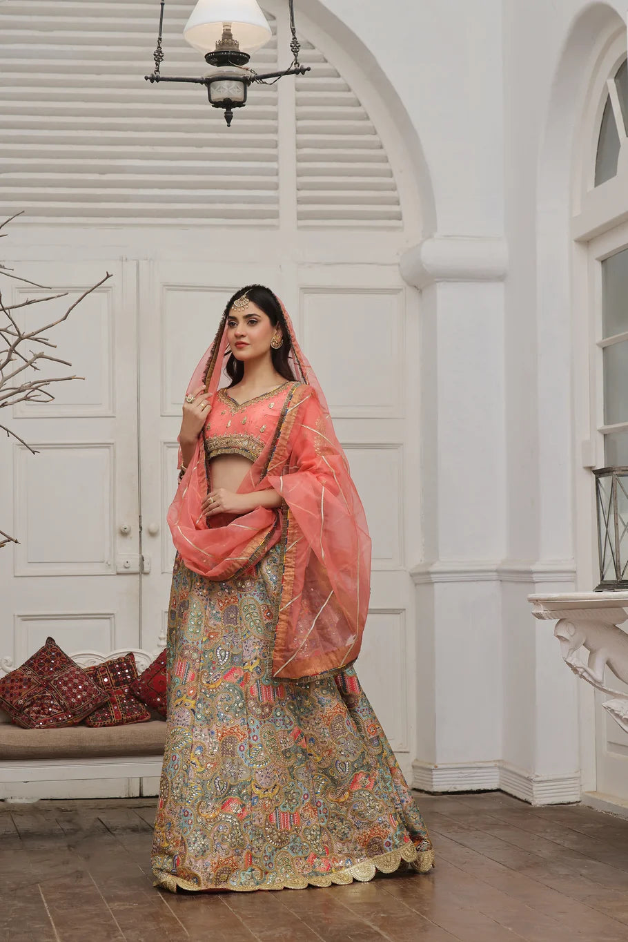 Coral Pink Raw Silk Lehenga Choli