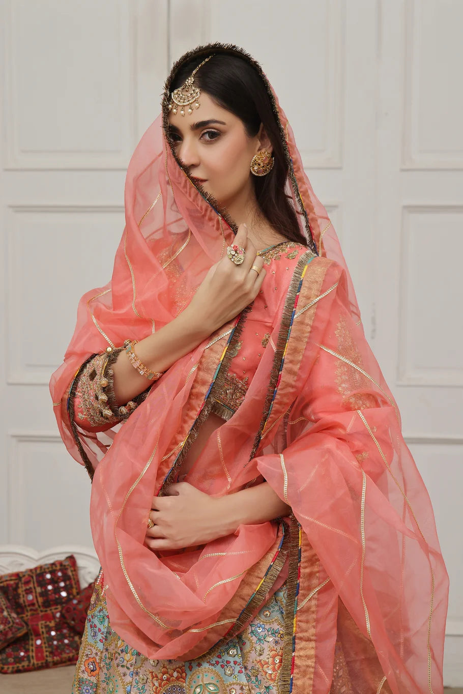 Coral Pink Raw Silk Lehenga Choli