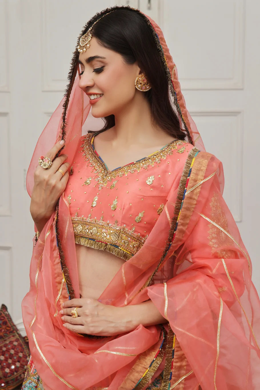 Coral Pink Raw Silk Lehenga Choli