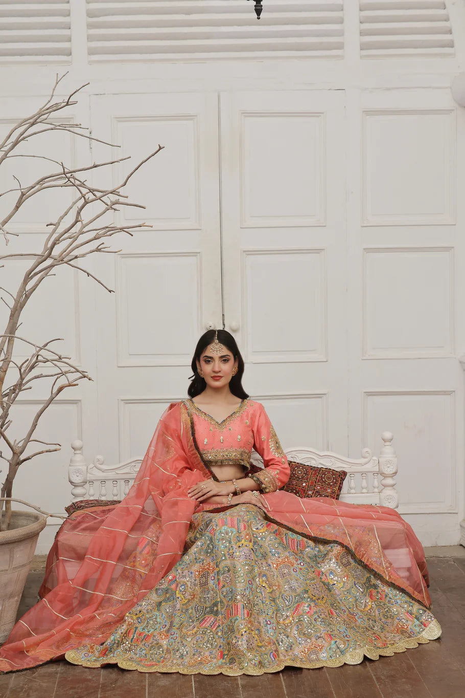 Coral Pink Raw Silk Lehenga Choli