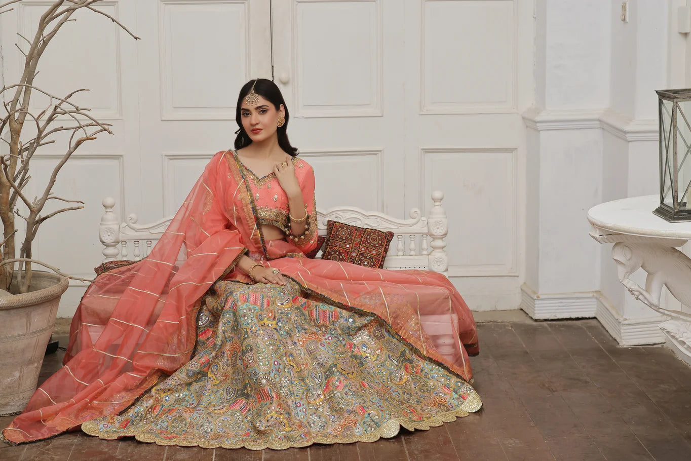 Coral Pink Raw Silk Lehenga Choli