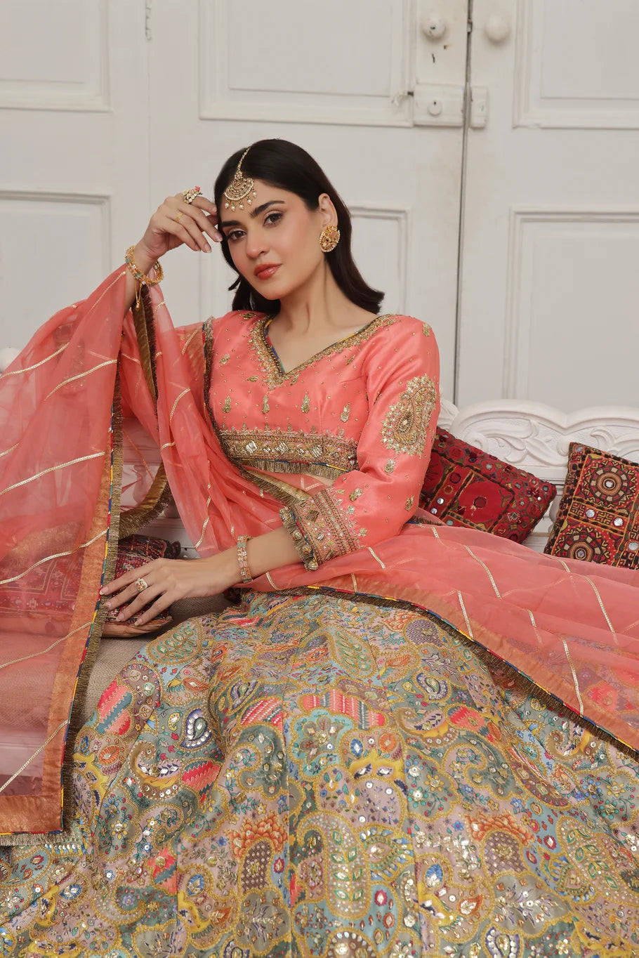 Coral Pink Raw Silk Lehenga Choli