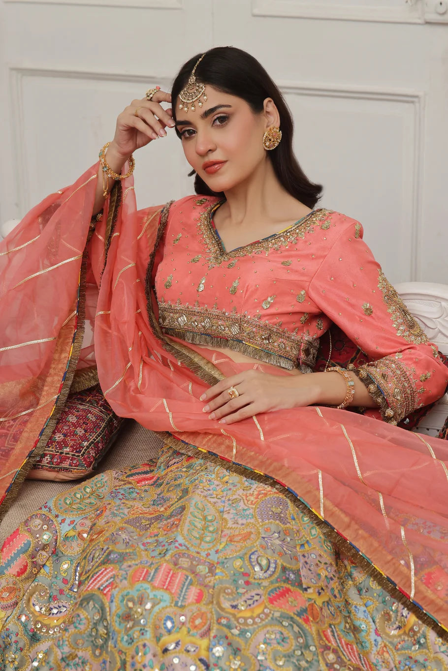 Coral Pink Raw Silk Lehenga Choli