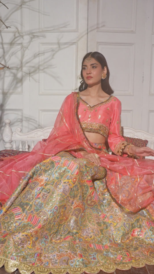 Coral Pink Raw Silk Lehenga Choli