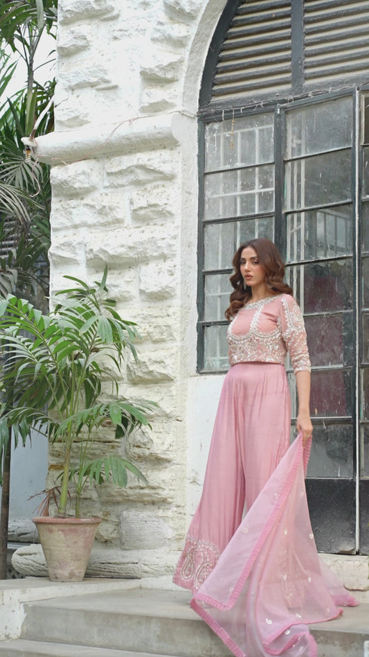 Pastel Pink Choli & High-Waisted Pants