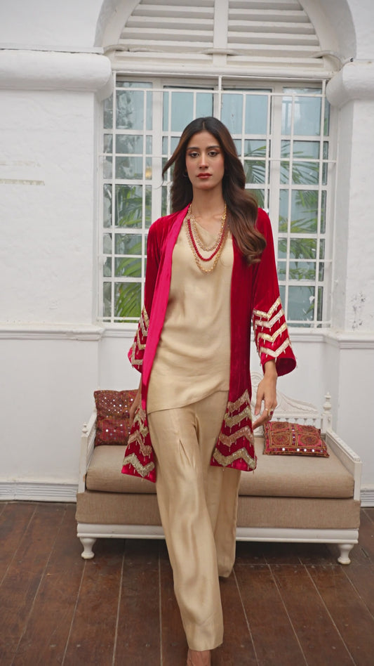 Red Velvet & Beige Silk Ensemble