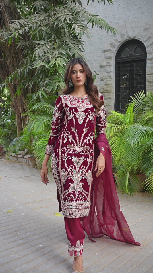 Maroon Velvet Embroidered Ensemble