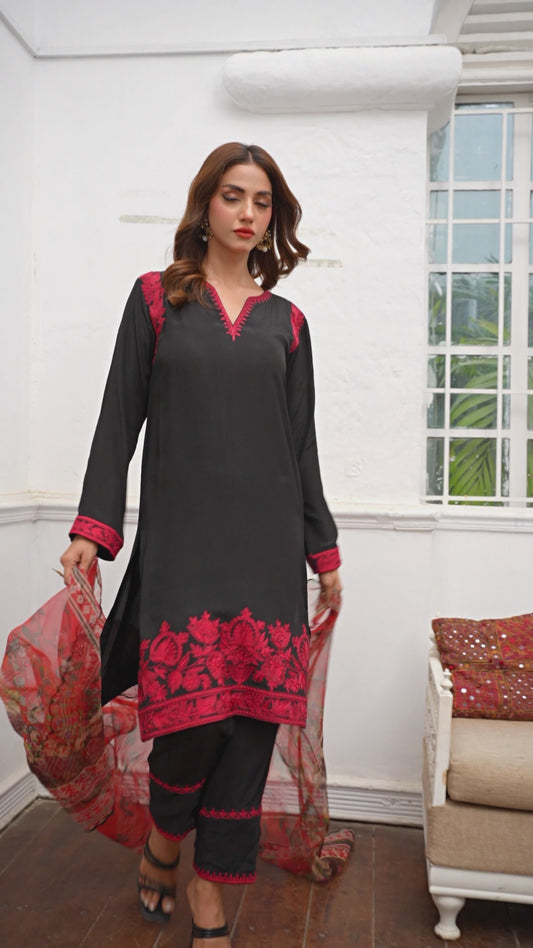 Black & Red Georgette Ensemble