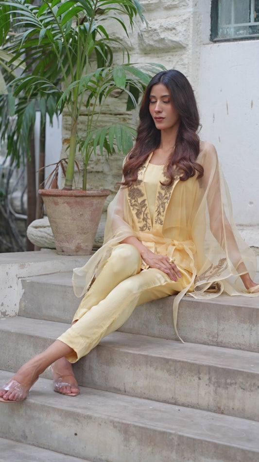 Embroidered Yellow Organza Blouse Set