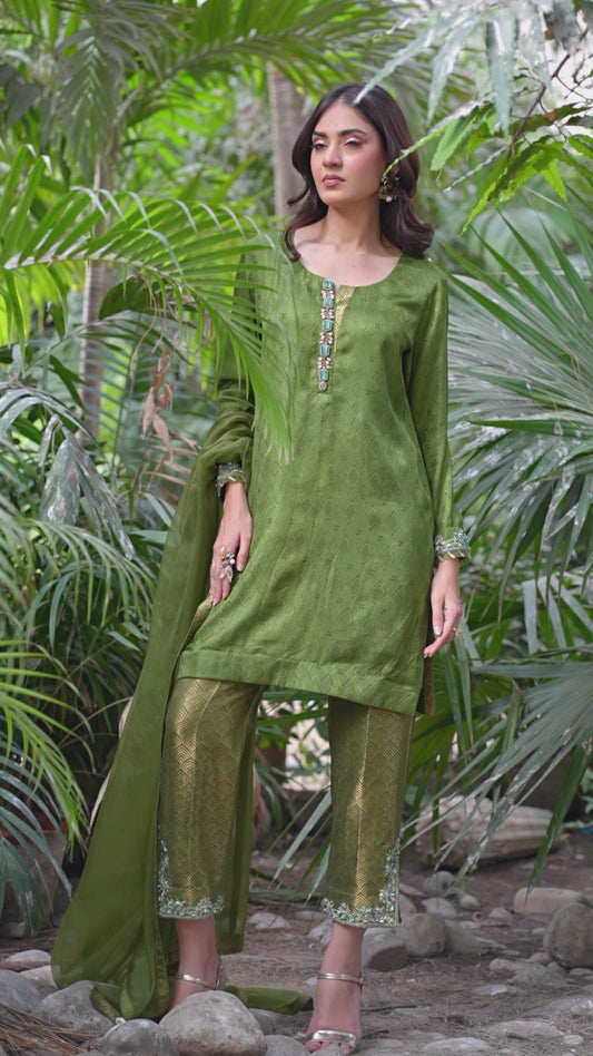 Olive Green Jacquard Pants Ensemble