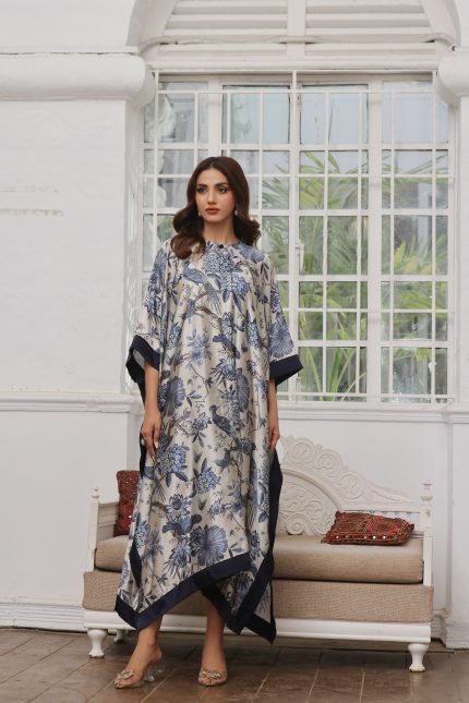 Blue & Ivory Silk Printed Kaftan